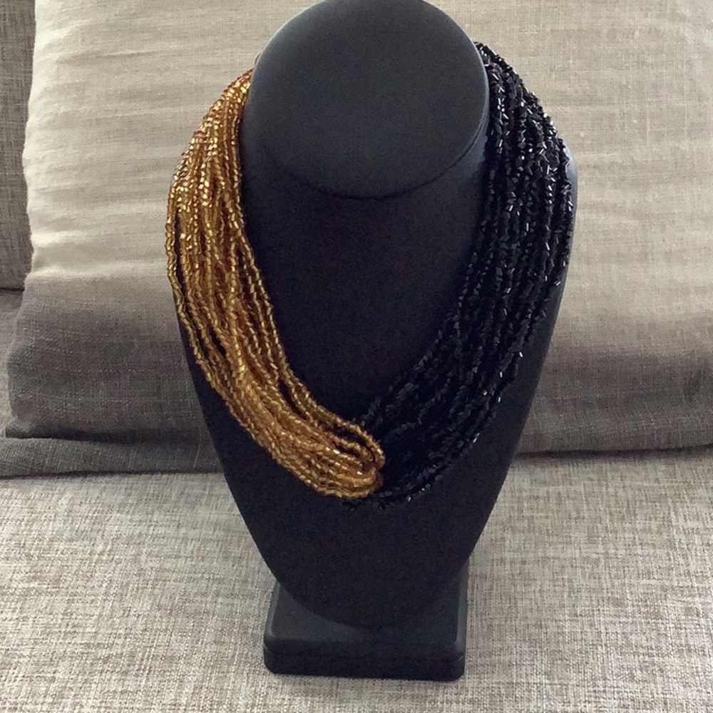 Two-Tone Black and Gold Multi-Strand Beaded Necklace